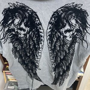 Vintage Affliction Grey Graphic Angel Wings/Skull Faces Men's Polo Shirt